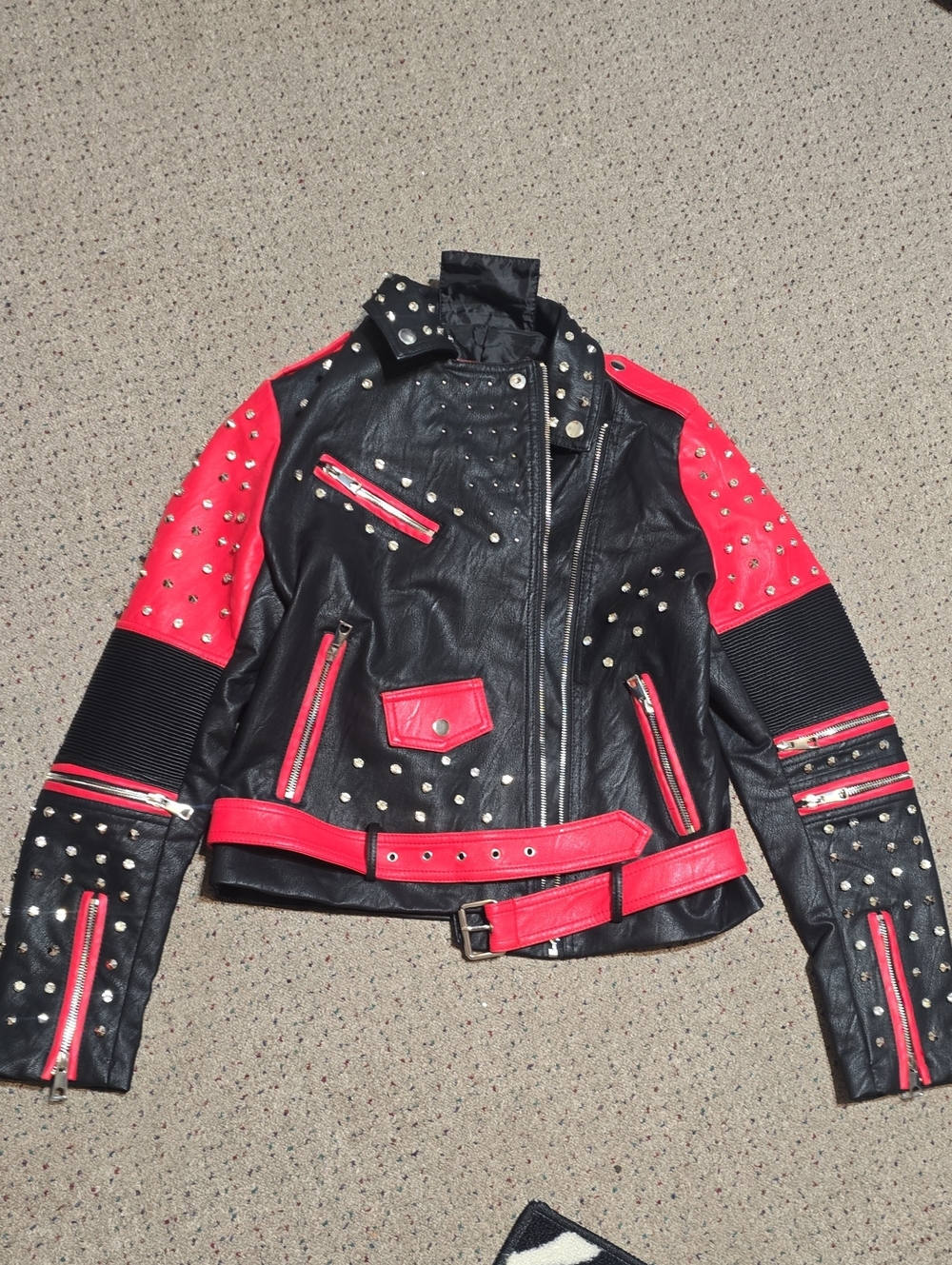 Studded Black & Red Faux Leather Biker Jacket